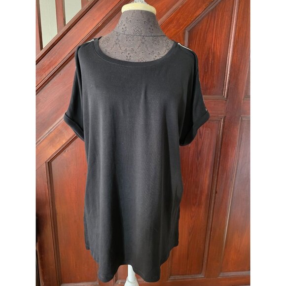 Chicos Black Tunic Top W/Silver Accent Stripes Size 3 (18/20 XL) Short Sleeves - Picture 1 of 8